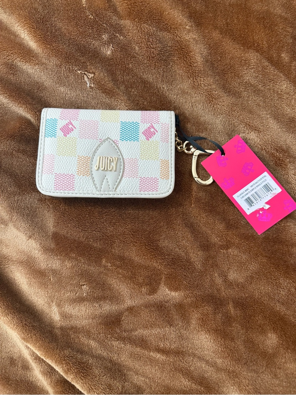 Juicy Couture Pastel Checkerboard Key & Card Holder with Gold Logo